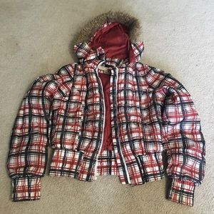 Plaid Cropped Puffer Jacket. Size Small